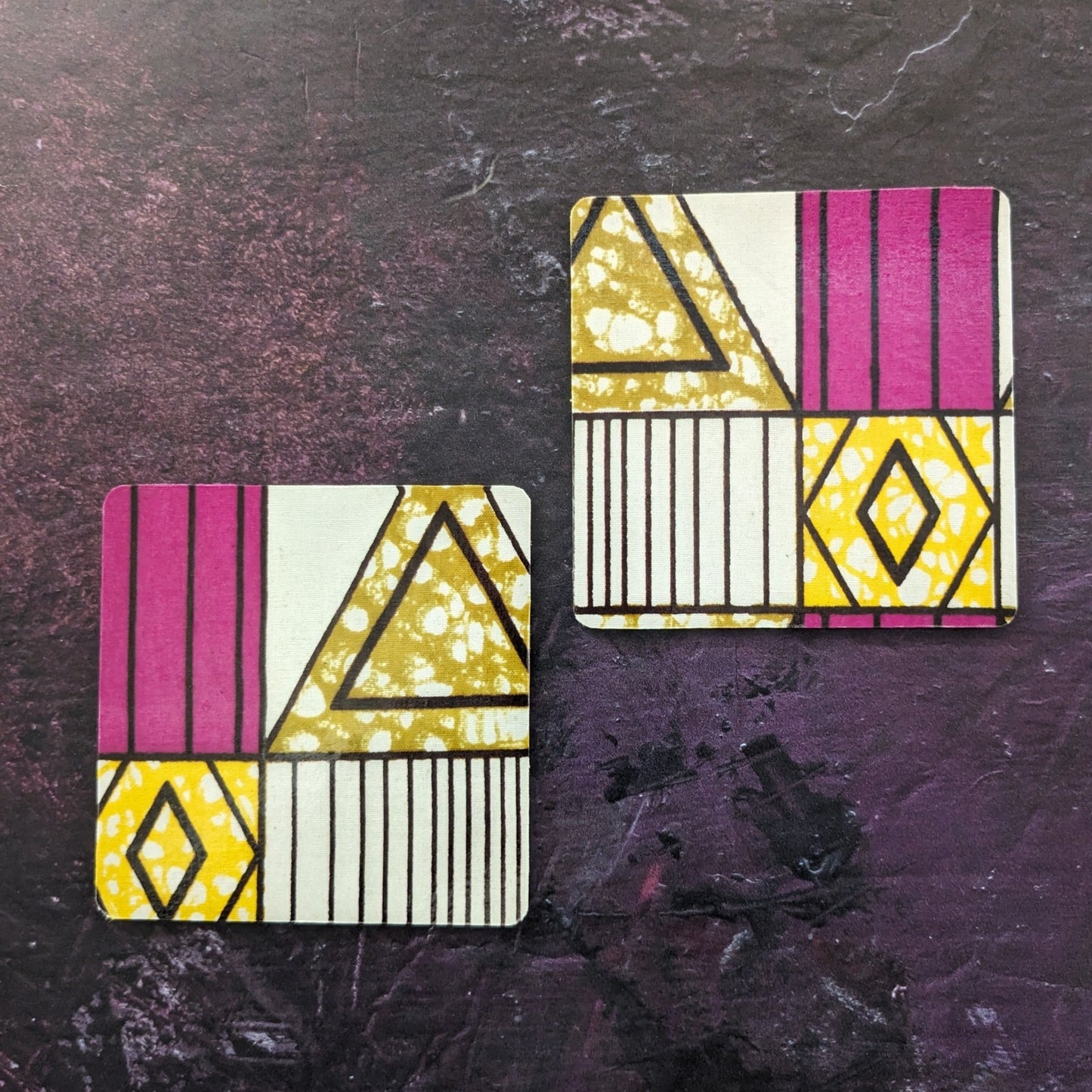 Mid Century Modern African coaster set of two in Magenta Brown Yellow