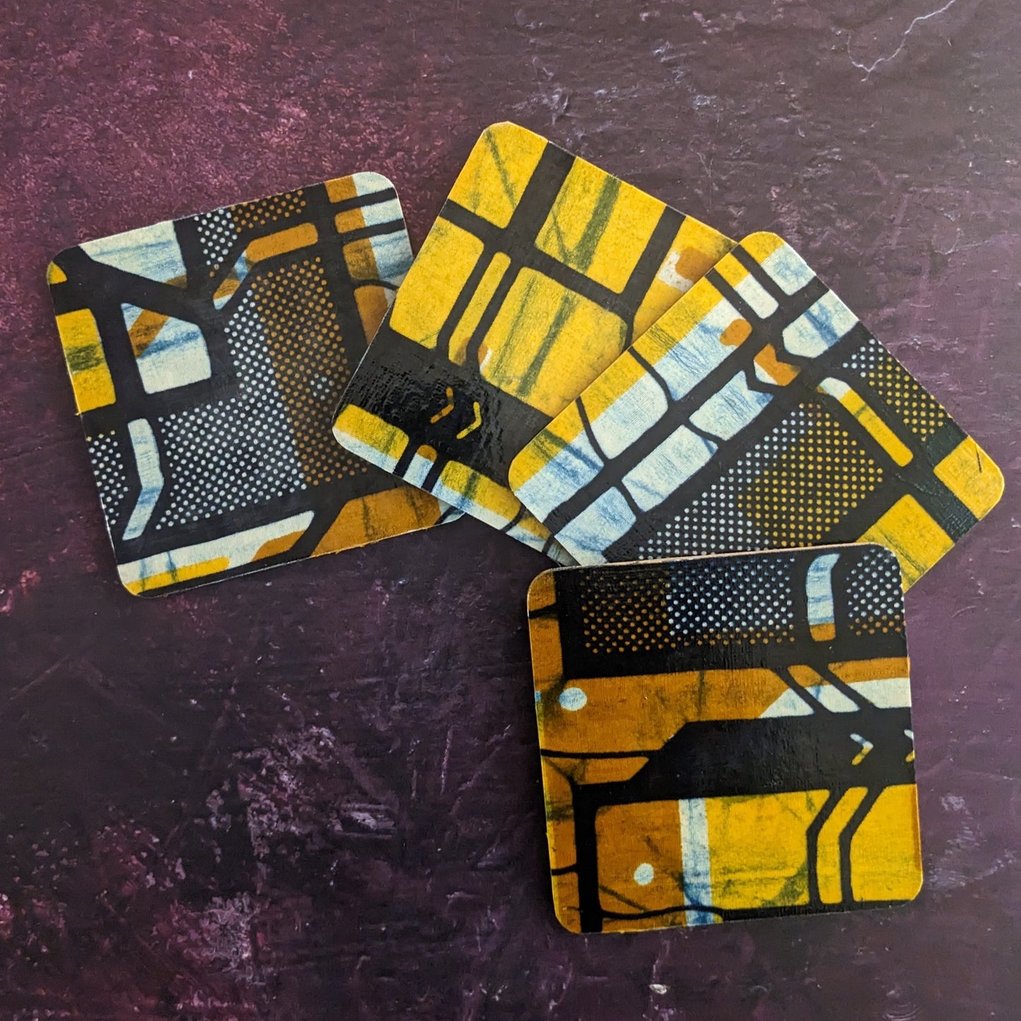 AKINDE Retro African Coasters: Mustard Yellow Blue Brown