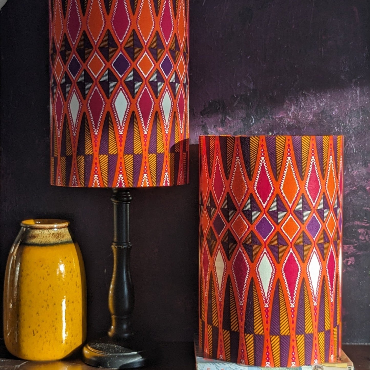 IBEJI Lampshade Set of Two in Orange Magenta Purple Aztec Tribal pattern