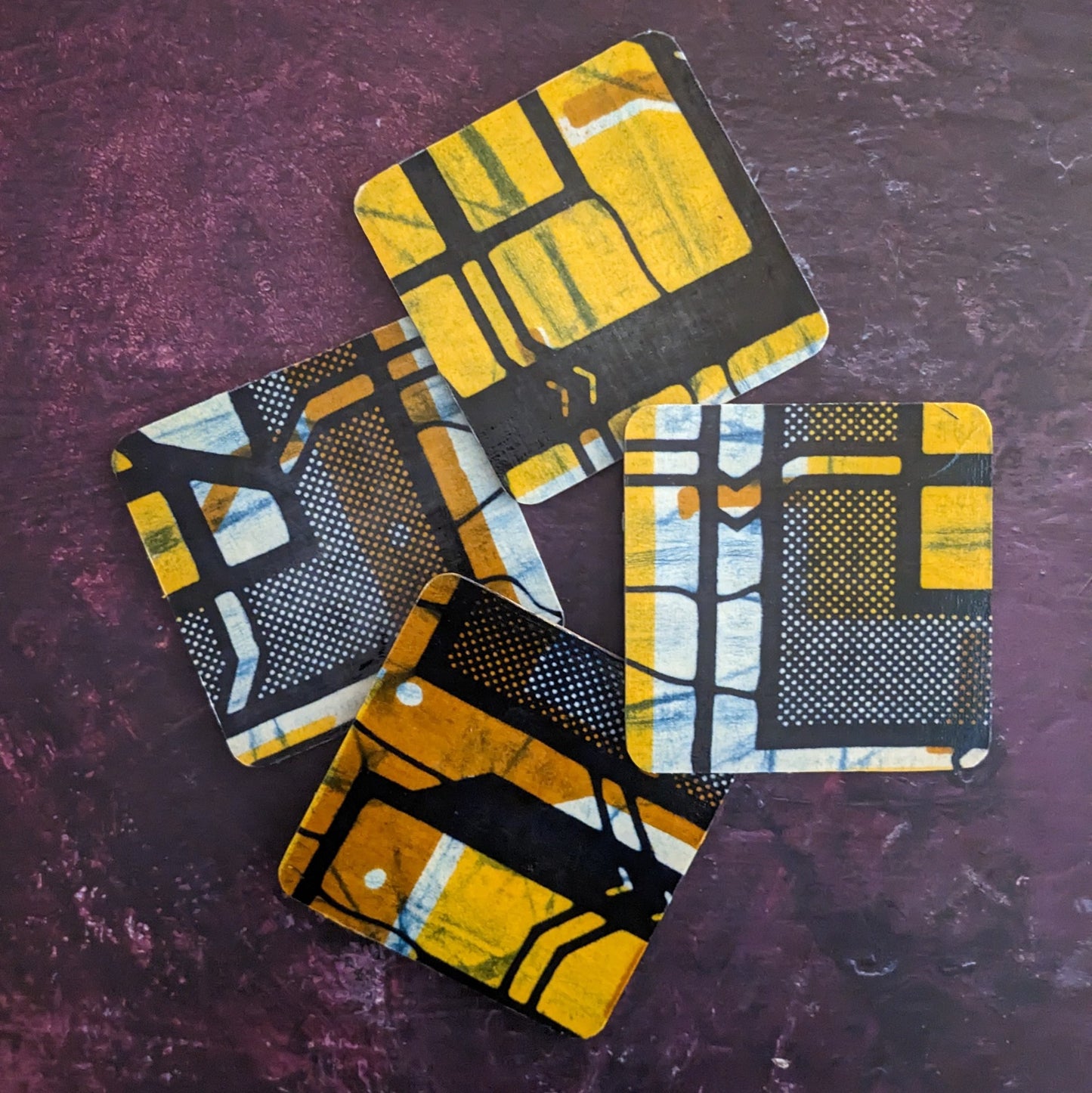 AKINDE Retro African Coasters: Mustard Yellow Blue Brown