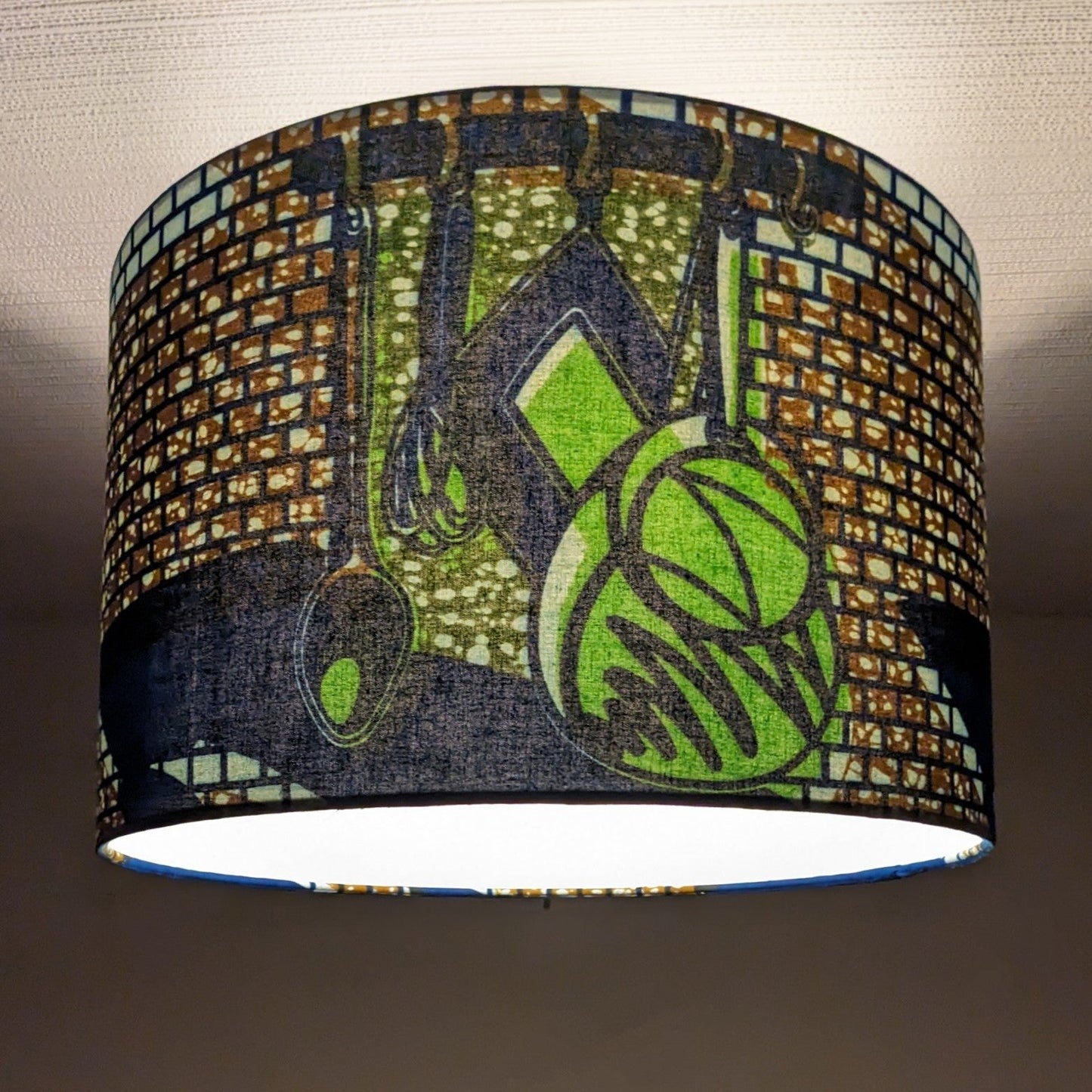 African Wax Print Lampshade SONJE: Green Blue Kitchen Utensils Pattern
