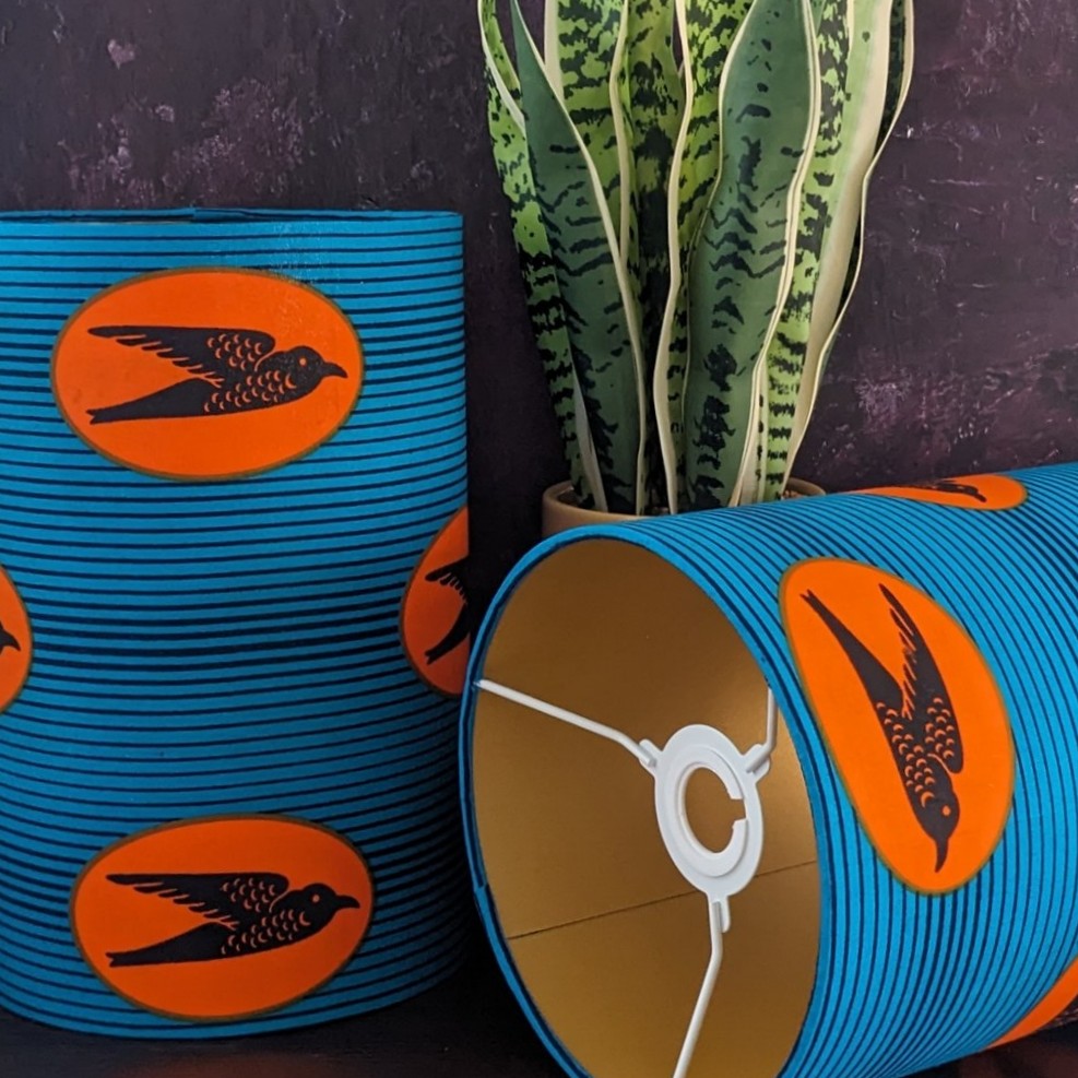 TWAAM Lampshade Set of Two in Turquoise Orange Swallow Bird pattern
