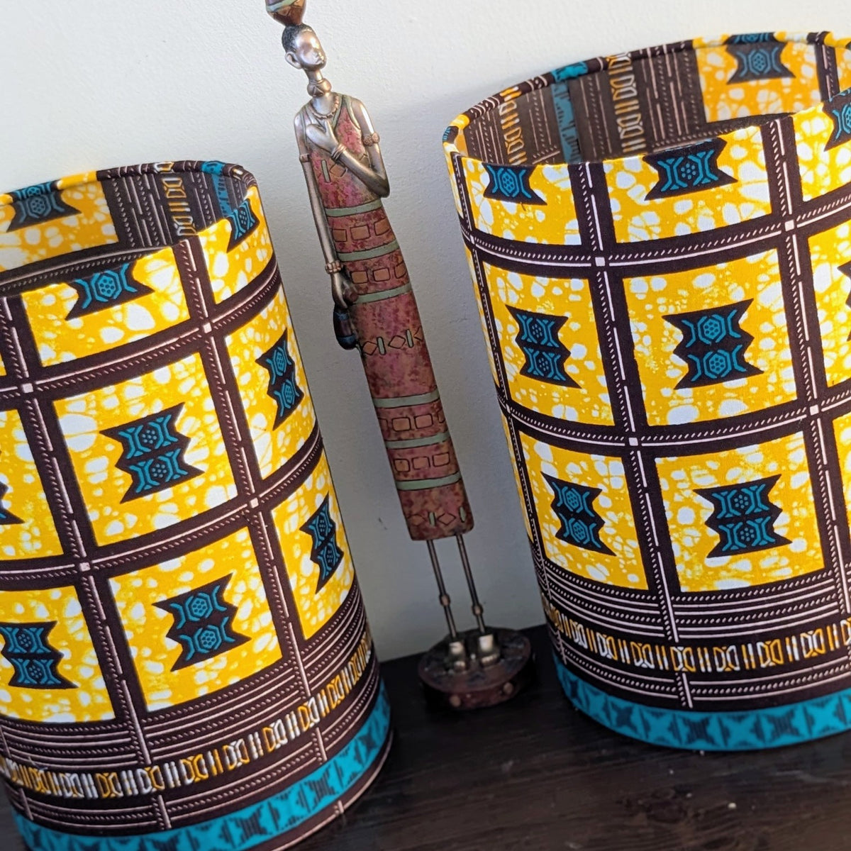 AKONYA Cylinder Lampshade Pair Yellow Brown Teal Stool pattern