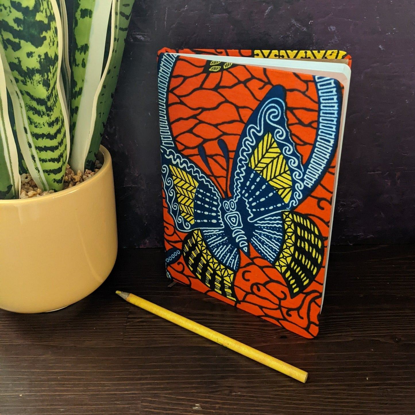 Orange African Print Note Book: Blue & Yellow Butterfly pattern