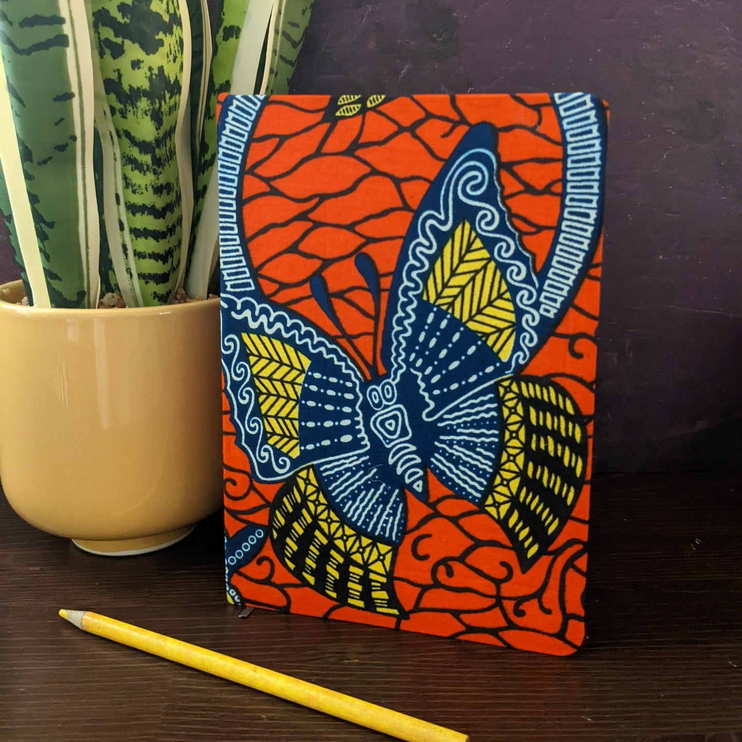 Orange African Print Note Book: Blue & Yellow Butterfly pattern