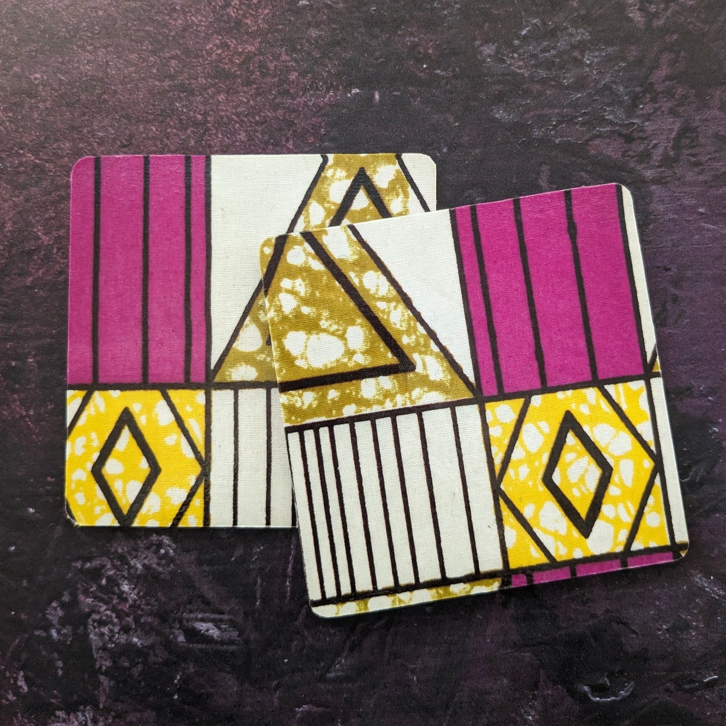 Mid Century Modern African coaster set of two in Magenta Brown Yellow