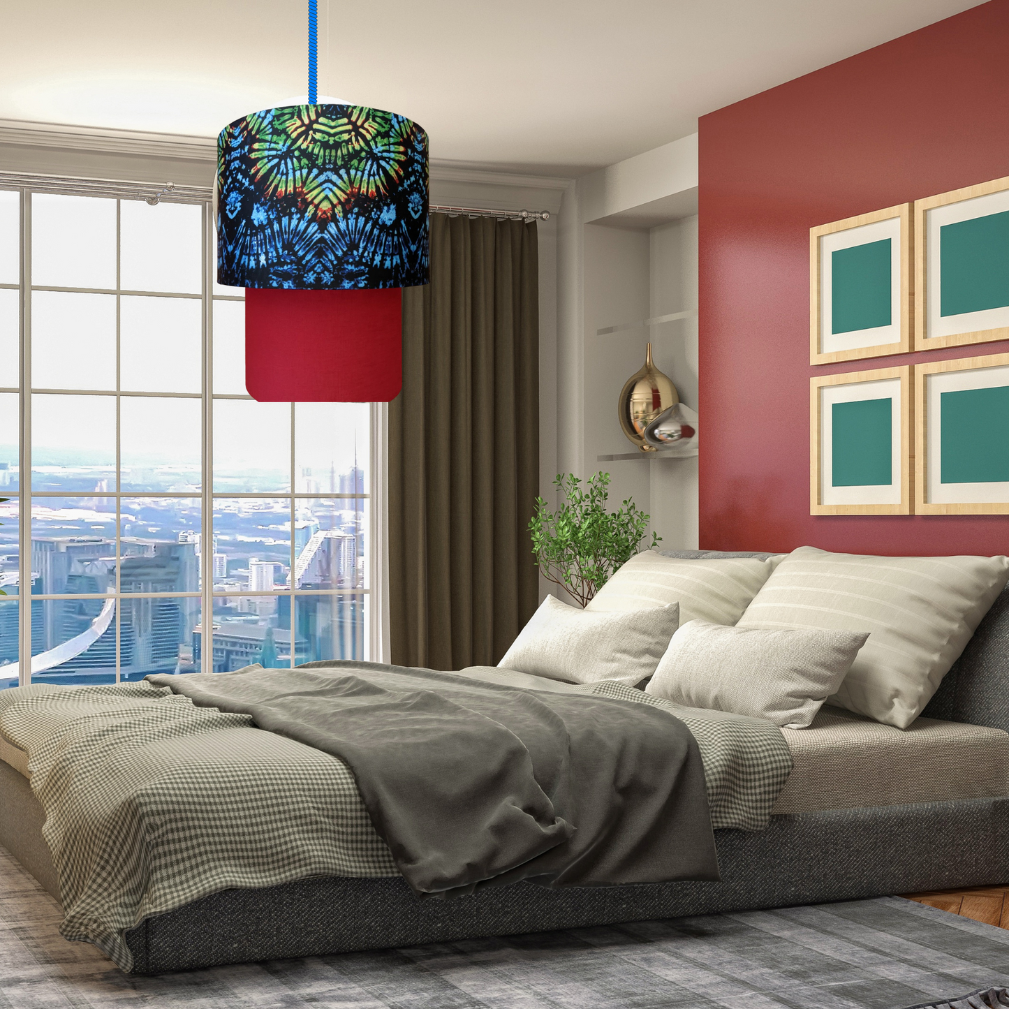 EX DISPLAY: Blue Tie Dye & Red Two Tier Lampshade (AGBEKE)