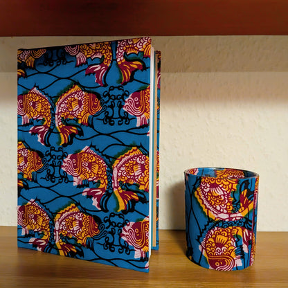 African Notebook & Candle Holder Gift Set KIFI: Red Orange Yellow Fish pattern