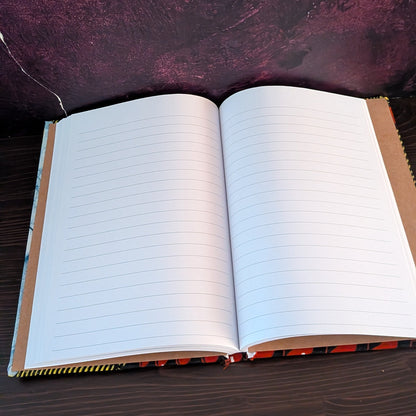 African Patterned A5 Lined Notebook FIOFIO: Mustard with blue red white pigeon pea pods