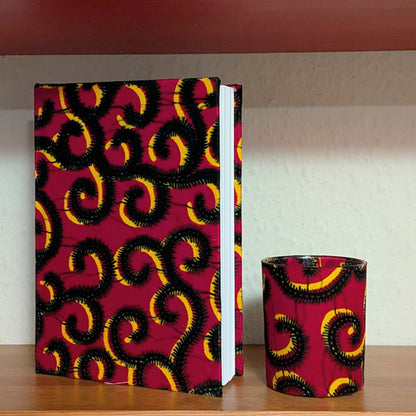 African Patterned Notebook & Candle Holder Gift Set TOYE: Red Black & Yellow Swirls