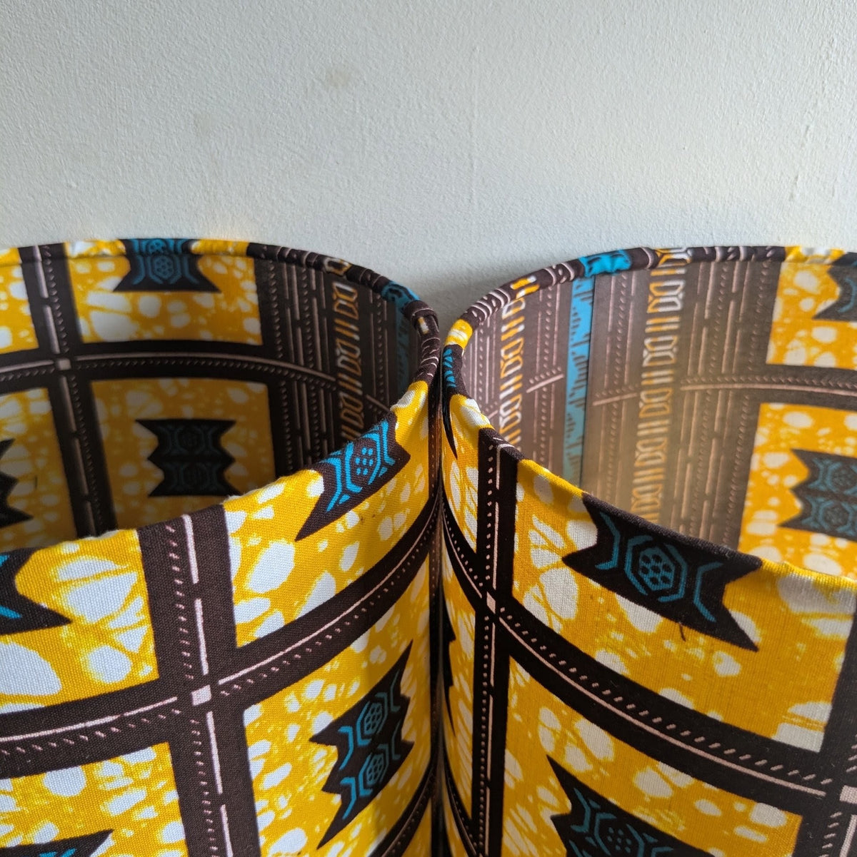 AKONYA Cylinder Lampshade Pair Yellow Brown Teal Stool pattern