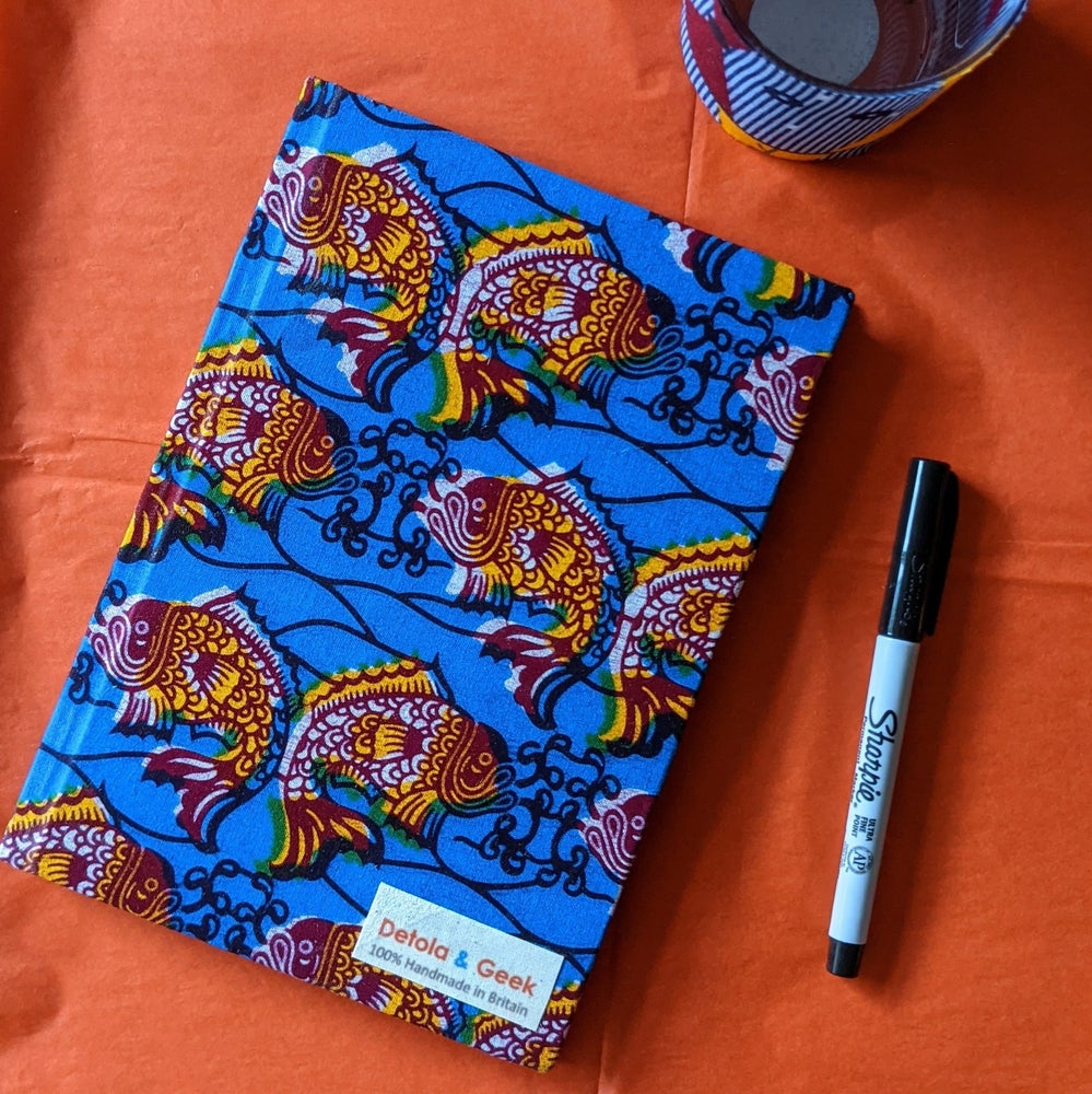 Blue African Wax Print SketchBook: Red-Orange Fish